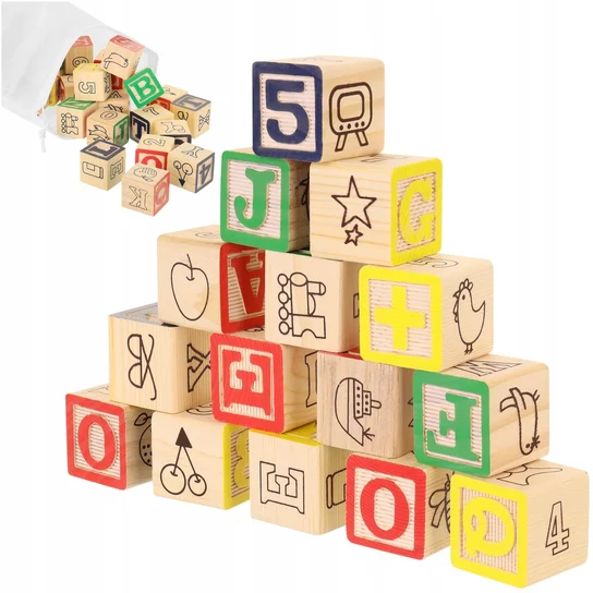 drewniane klocki edukacyjne alfabet cyfry obrazki b